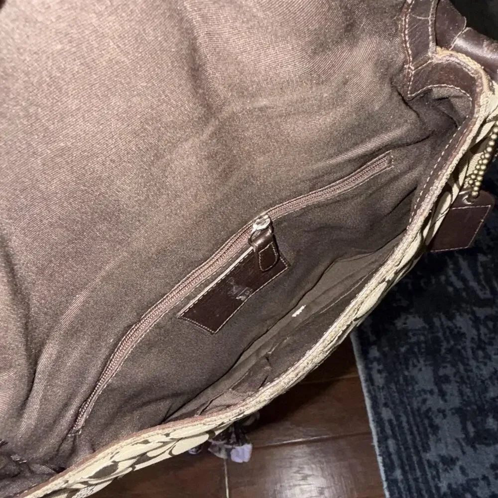 Coach Brown Signature soho Canvas Leather Trim Shoulder Bag Silver Hardware